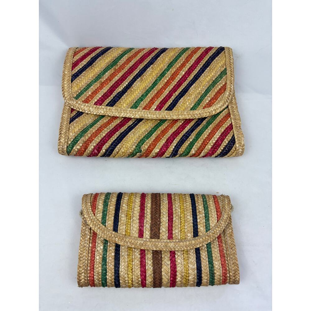 Lot of 2 Vintage Woven Straw Jute Multi Colored Striped‎ Clutch Crossbody - Picture 8 of 16